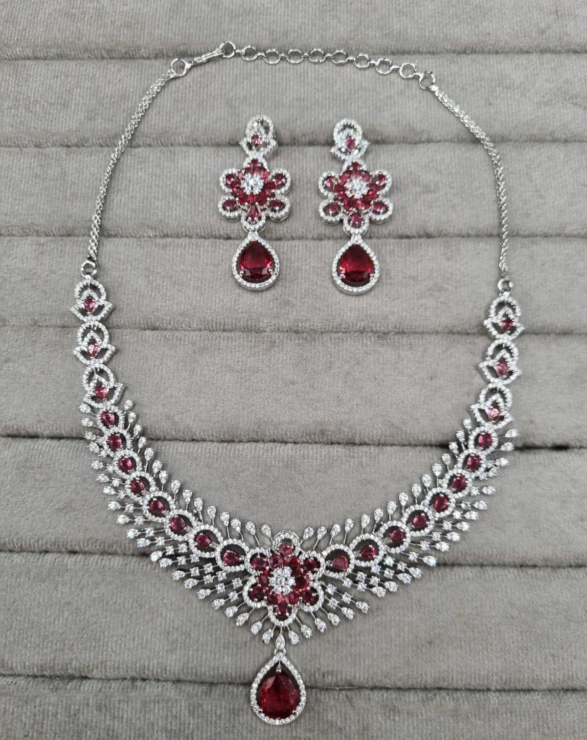 Floral Rani Pink Teardrop AD Necklace Set